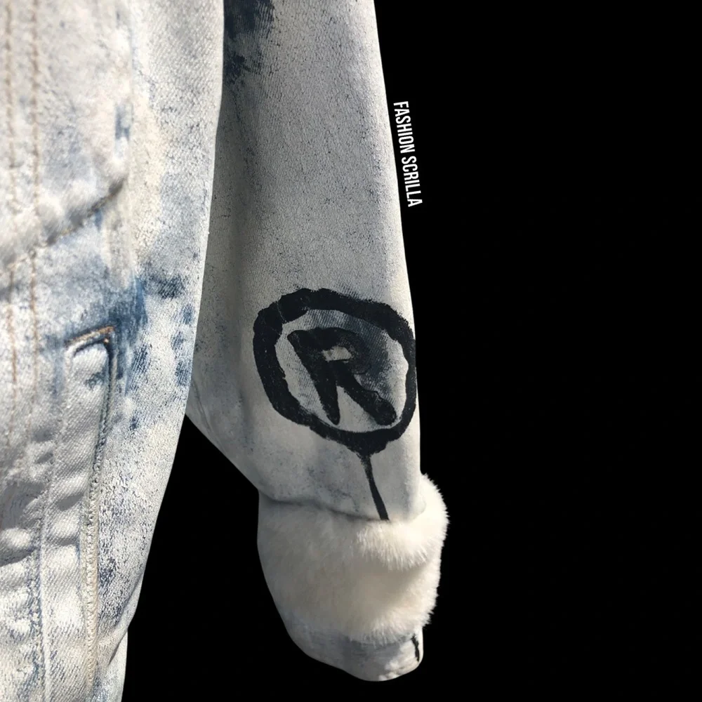 Gucci x GucciGhost Trouble Andrew Runway Hand Painted Logo Denim Mink Fur Jacket - Picture 12 of 17